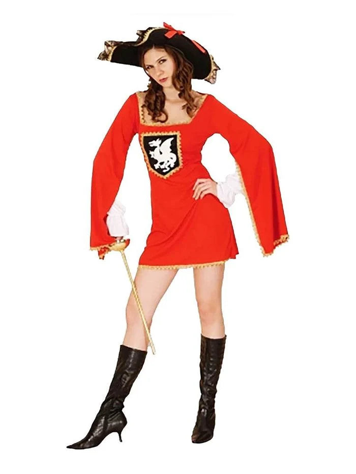 2PC Red Ladies Musketeer Fancy Dress Costume Set - thefancydress.co.uk