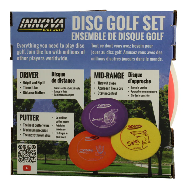 Innova disc golf set packaging with three discs displayed on a grassy background