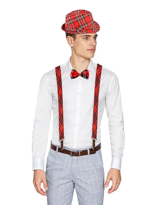 3 Pcs Men's Wear Tartan Set (Hat, Bow Tie, Braces) - thefancydress.co.uk