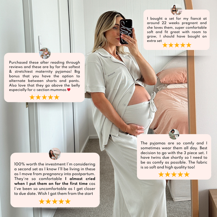 Five-star customer reviews around a pregnant woman wearing the Sleepybelly 3-piece maternity pyjama set