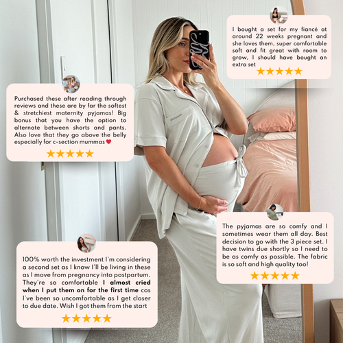 Five-star customer reviews around a pregnant woman wearing the Sleepybelly 3-piece maternity pyjama set
