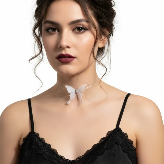 3D Rhinestone Butterfly Invisible Choker with floating lace butterflies / one size / women's