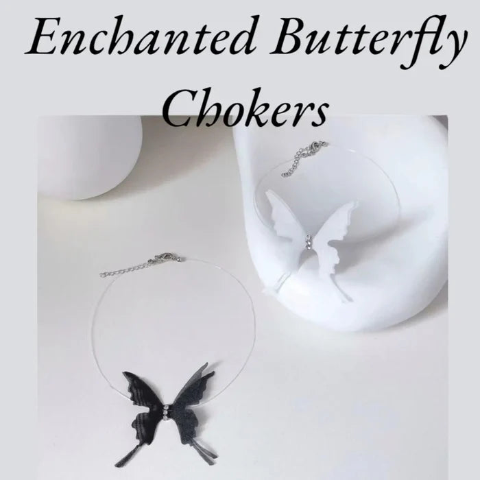 3D Rhinestone Butterfly Invisible Choker with floating lace butterflies in black or white