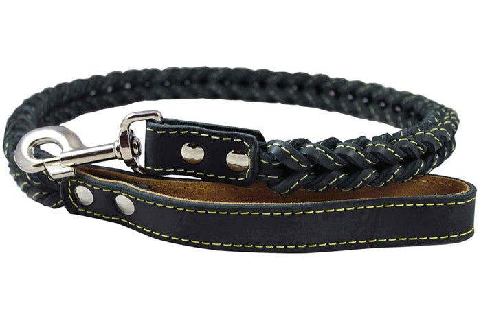 4-thong Square Fully Braided Genuine Leather Dog Leash, 3.5 ft Length 1" Wide Black Large to X-Large