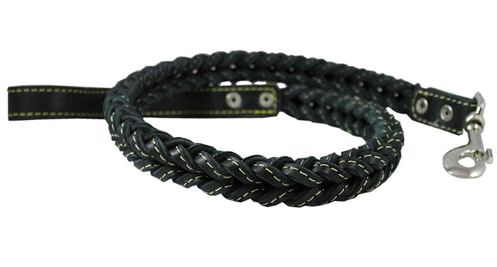 4-thong Square Fully Braided Genuine Leather Dog Leash, 3.5 ft Length 1" Wide Black Large to X-Large