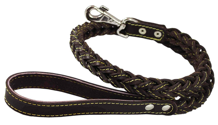 4-thong Square Fully Braided Genuine Leather Dog Leash, 3.5 ft Length 1" Wide Brown Large to X-Large
