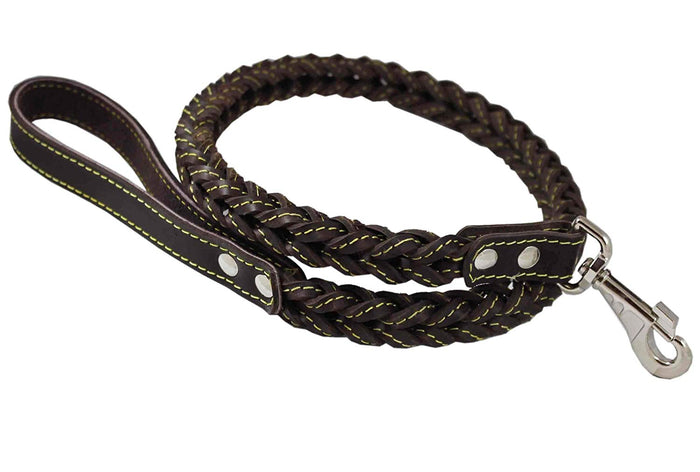 4-thong Square Fully Braided Genuine Leather Dog Leash, 3.5 ft Length 1" Wide Brown Large to X-Large