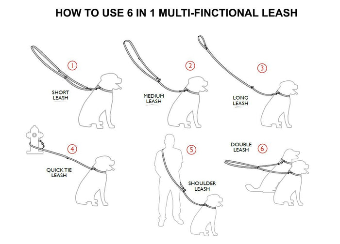 6 Way Euro Multifunctional Leather Dog Leash, Adjustable Lead 49"-94" Long, 3/4" Wide (18 mm)