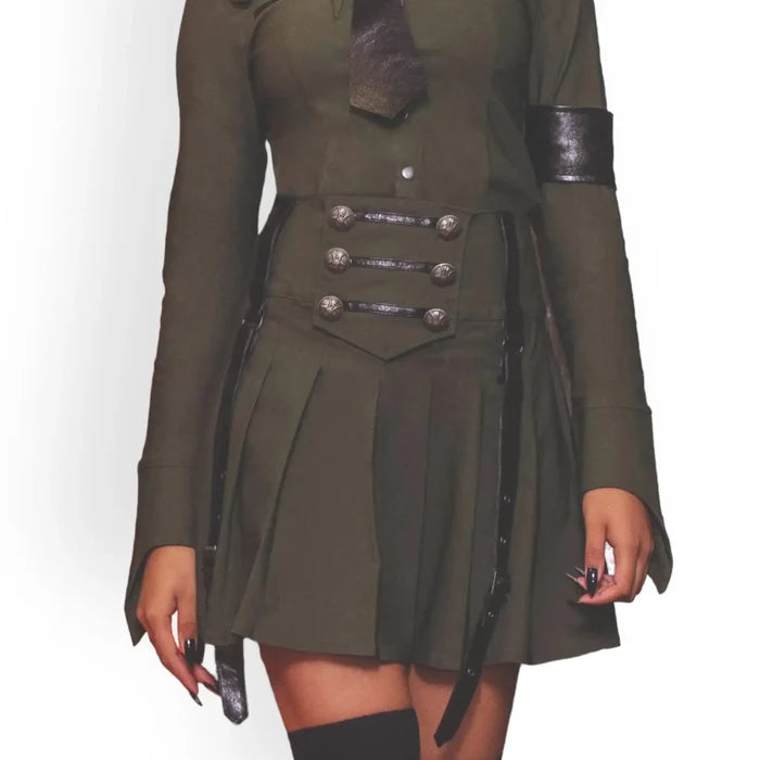 Academy Pleated Black Strap Mini Skirt high-waist faux-leather harness straps, silver buttons, and adjustable suspenders; dark-academia/punk style, plus size 3XL