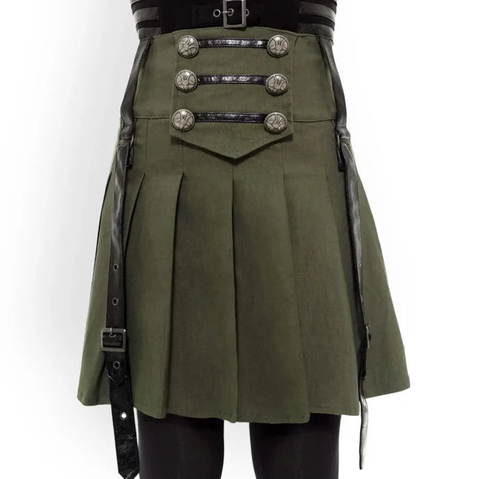 Academy Pleated Black Strap Mini Skirt high-waist faux-leather harness straps, silver buttons, and adjustable suspenders; dark-academia/punk style, plus size 3XL