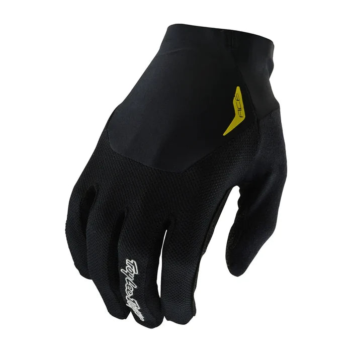Black glove with a yellow logo on a white background