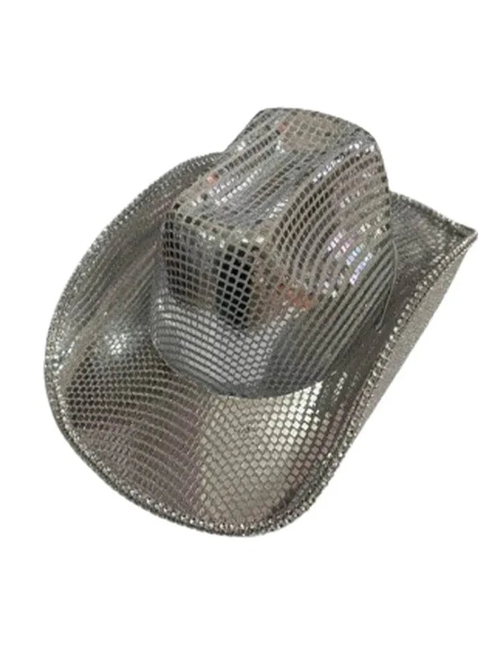 Adult Festival Silver Sequin Disco Cowboy Hat - thefancydress.co.uk