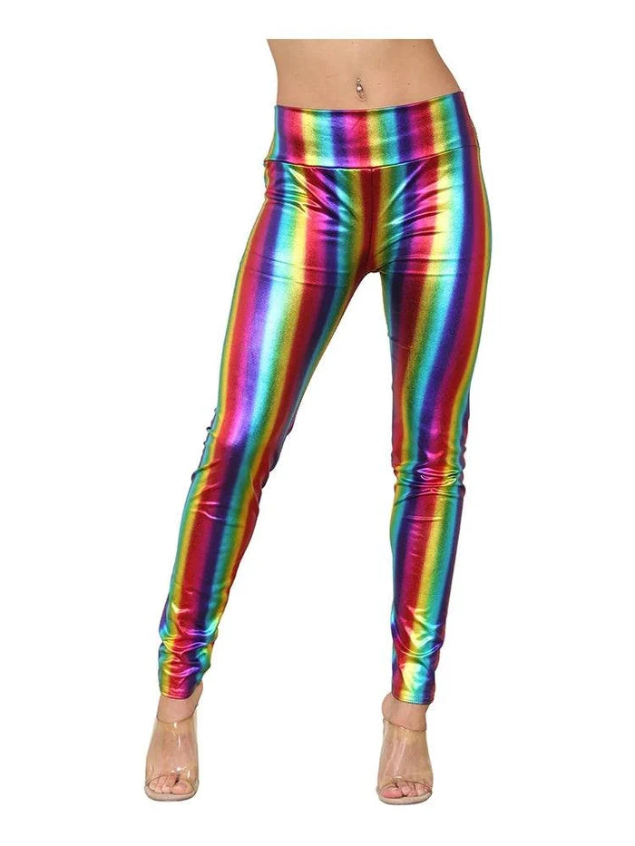 Adult High Waist Rainbow Shiny Metallic Legging - thefancydress.co.uk
