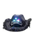 Adult Light Up Tiara Black Cowboy Hat with Fluffy Trim - thefancydress.co.uk