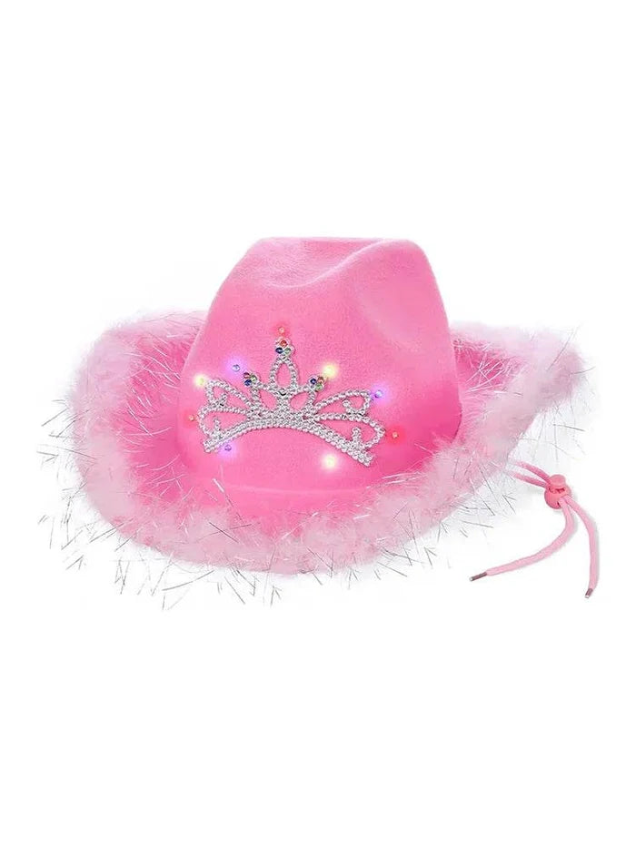Adult Pink Fluffy Brim Cowboy Hat With Light Up Tiara - thefancydress.co.uk