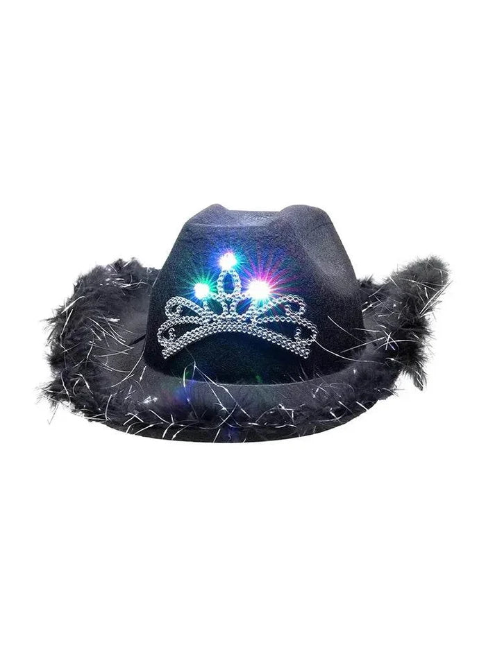 Adult Pink Fluffy Brim Cowboy Hat With Light Up Tiara - thefancydress.co.uk