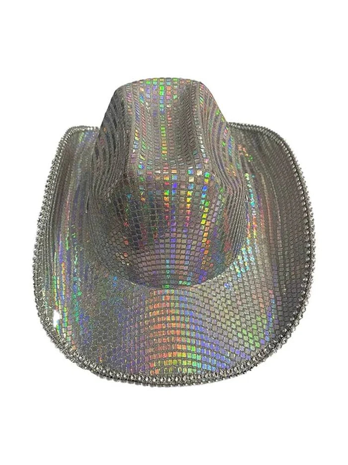 Adult Rainbow Silver Sequin Festival Cowboy Hat - thefancydress.co.uk