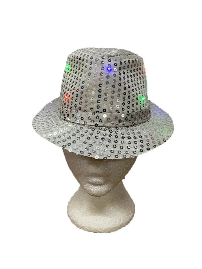 Adult Silver LED Light Up Sequin Trilby Hat - thefancydress.co.uk
