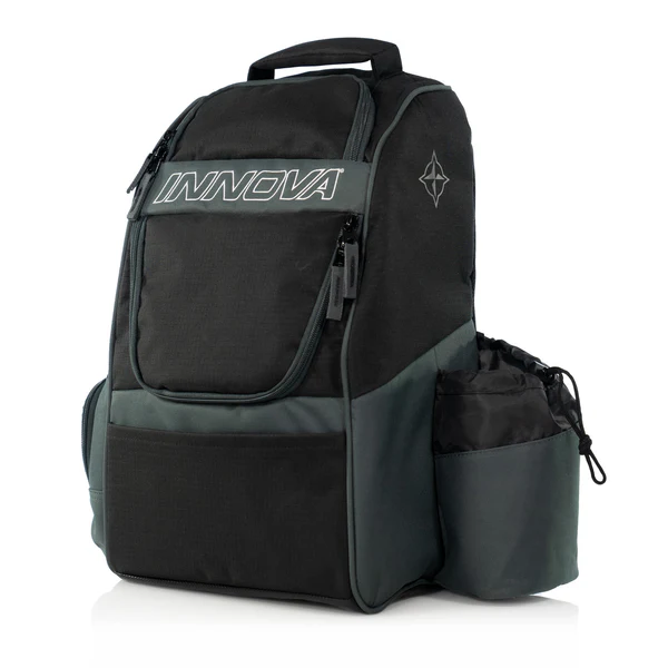 Black backpack with Innova logo on a white background