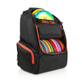 Black backpack with colorful discs on a white background