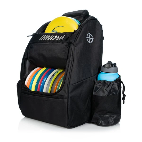 Black backpack with colorful discs and a water bottle on a white background