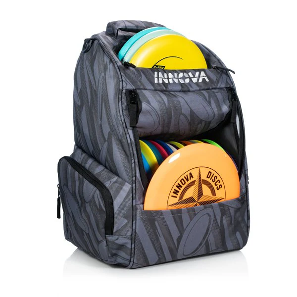 Gray backpack with Innova Discs colorful discs on a white background