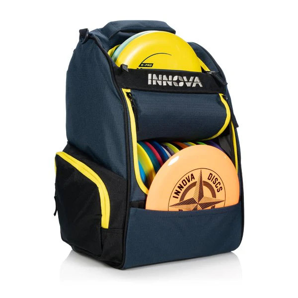 Innova disc golf backpack with multiple discs on a white background