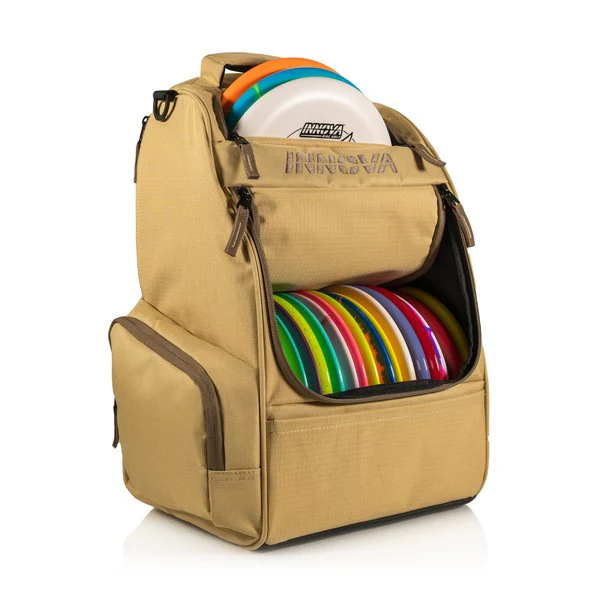 Tan backpack with colorful discs on a white background
