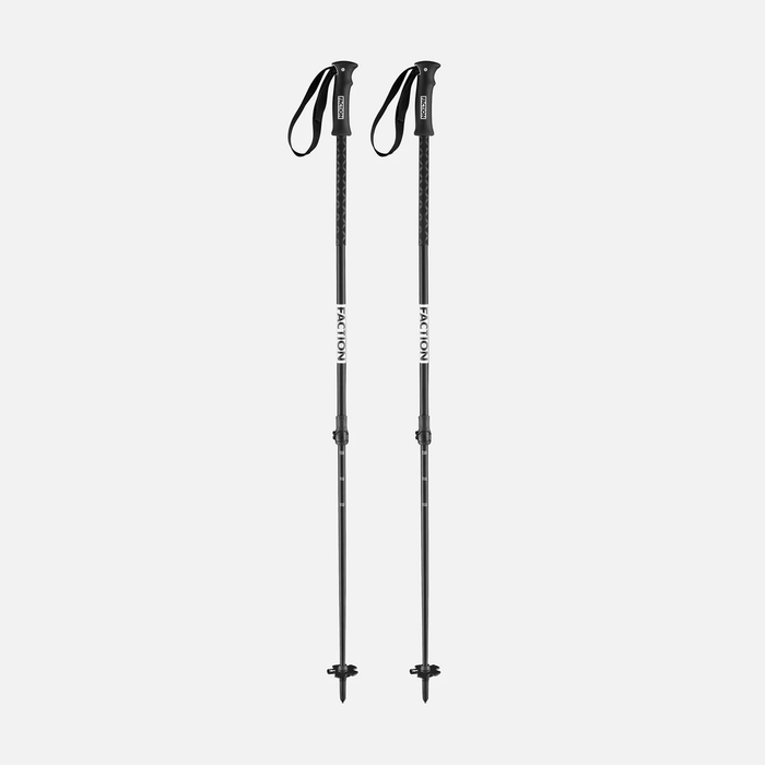 Two black ski poles with Faction logo on a white background