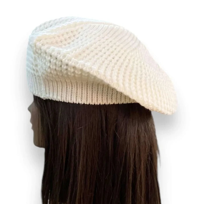 all season slouchy crochet knit beret tall crown adjustable fit dreadlock friendly in beige gray or white acrylic streetwear headwear