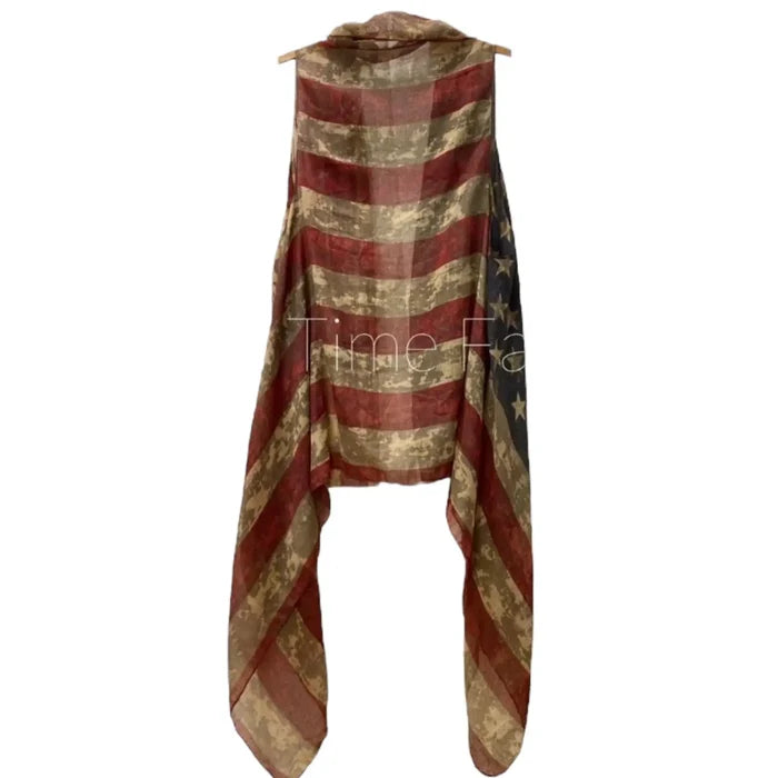 USA Flag Lightweight Kimono Vest featuring a vintage patriotic print in a modern sleeveless design.