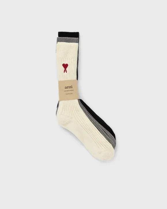 Ami Paris - Chaussettes Ami de Coeur - Pack x 3 - Ecru, Gris et Noir (FW23)-Sous-Vêtements-BFUSC003.379-971