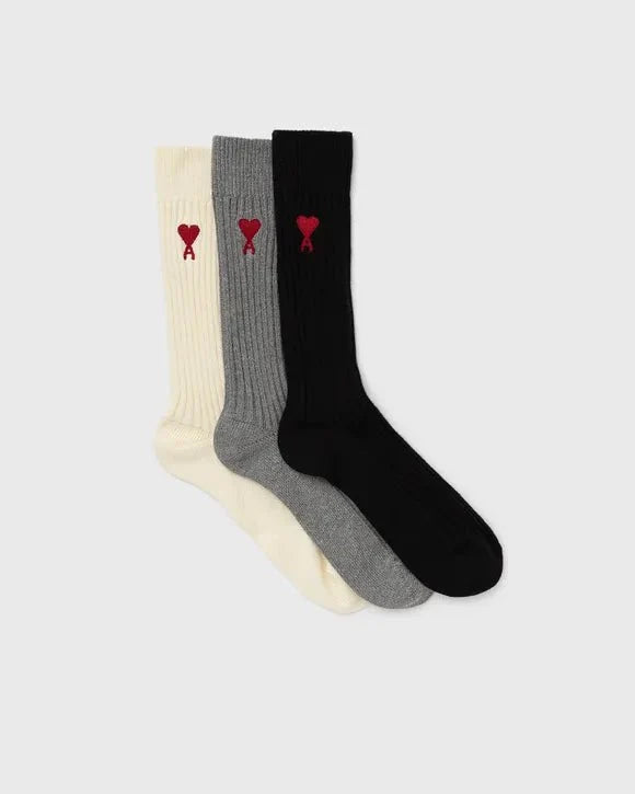 Ami Paris - Chaussettes Ami de Coeur - Pack x 3 - Ecru, Gris et Noir (FW23)-Sous-Vêtements-BFUSC003.379-971
