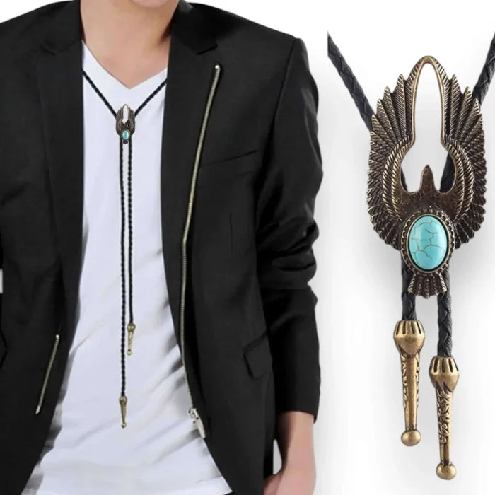 Antique Bird Turquoise Western Necktie Faux Turquoise antique brass thunderbird bolo tie