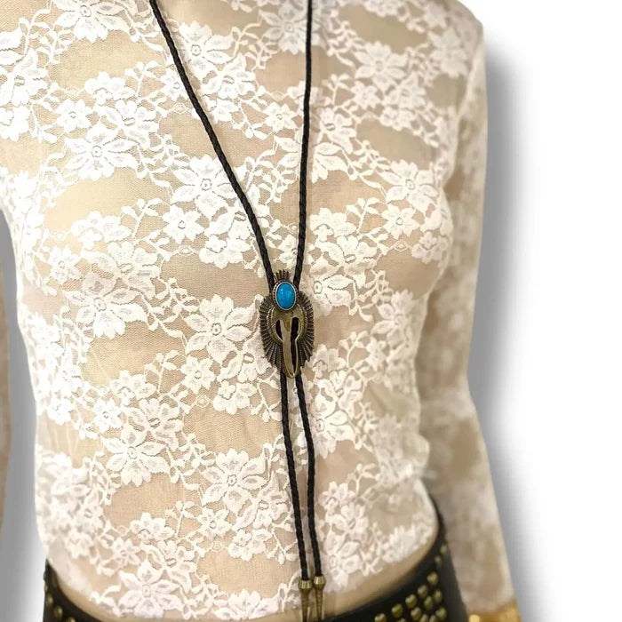 Antique Bird Turquoise Western Necktie Faux Turquoise antique brass thunderbird bolo tie