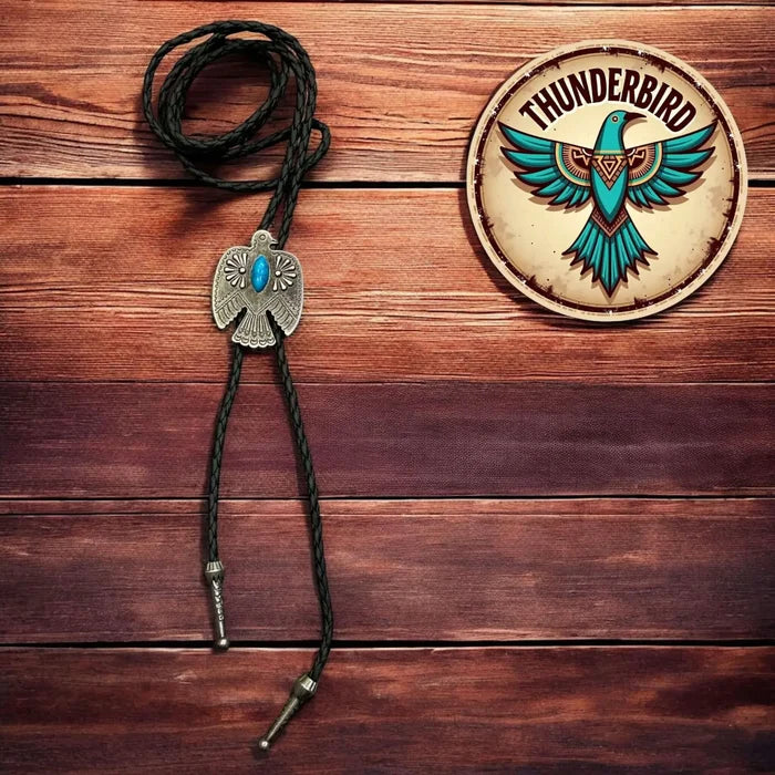 Antique Bird Turquoise Western Necktie Faux Turquoise antique silver thunderbird bolo tie