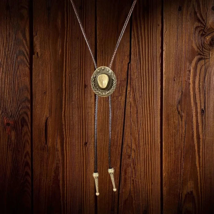 Antique Brass Stars & Vines Cowboy Hat Necktie bolo tie stars and vines w/ brown rope. Unisex western style for festival & year-round country style.