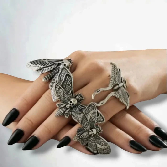 Antique Silver Moth Skull Gothic Rings Set - Silver Antique / 8 / Female - Women’s Rings Set