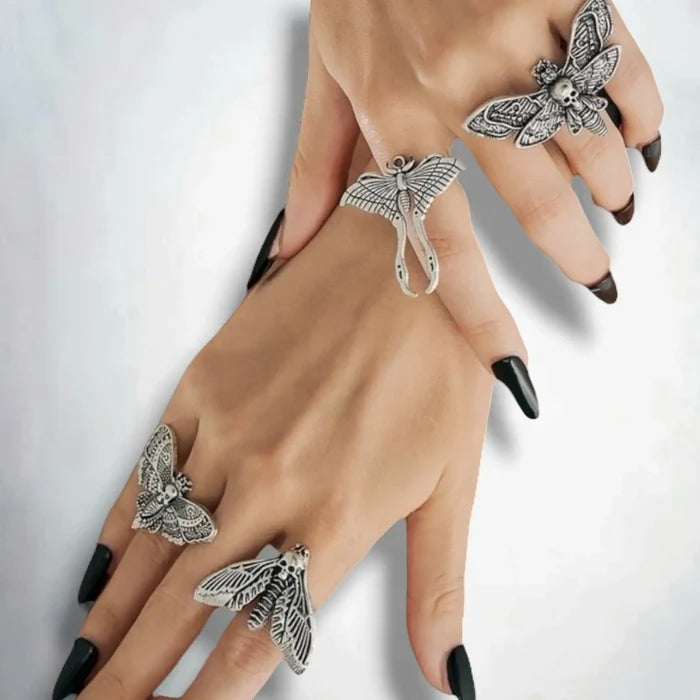 Antique Silver Moth Skull Gothic Rings Set - Silver Antique / 8 / Female - Women’s Rings Set