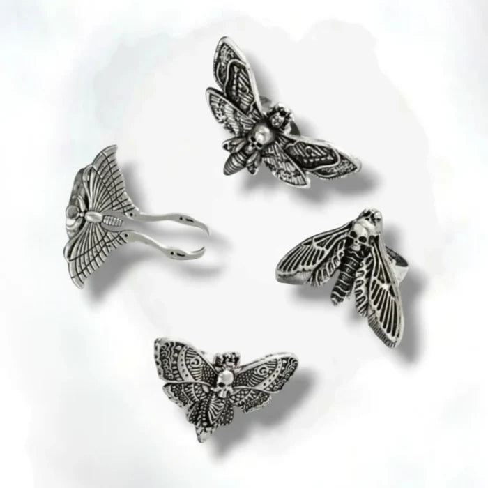 Antique Silver Moth Skull Gothic Rings Set - Silver Antique / 8 / Female - Women’s Rings Set