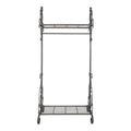 Arlette Coat Rack Rail: A vintage silver metal rack with decorative side scrolls, featuring one top and one bottom iron wire shelf.
