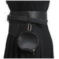 Asymmetric wide waist belt with detachable round mini bag styled over black dress