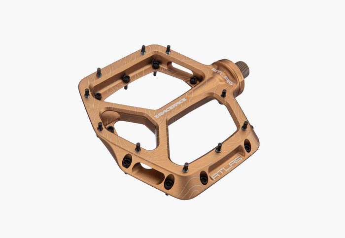 Gold bicycle pedal with black bolts on a white background