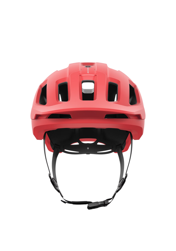 Red helmet with black interior and chin strap on a white background