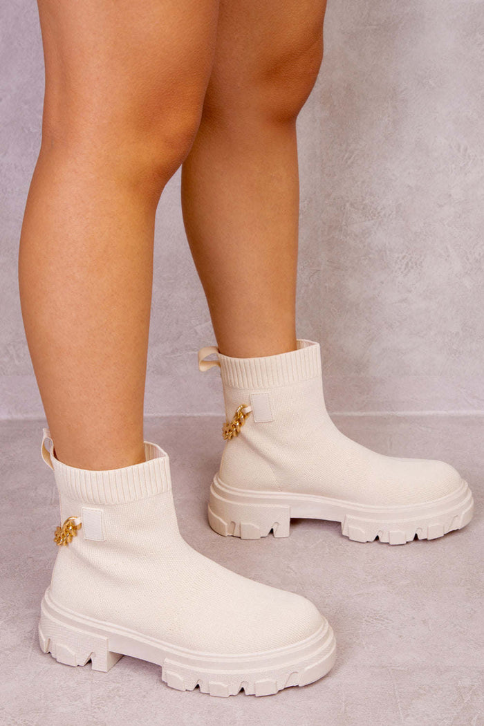 Ayzel Chunky Sock-Boot with Drip Chain – Nude Knit