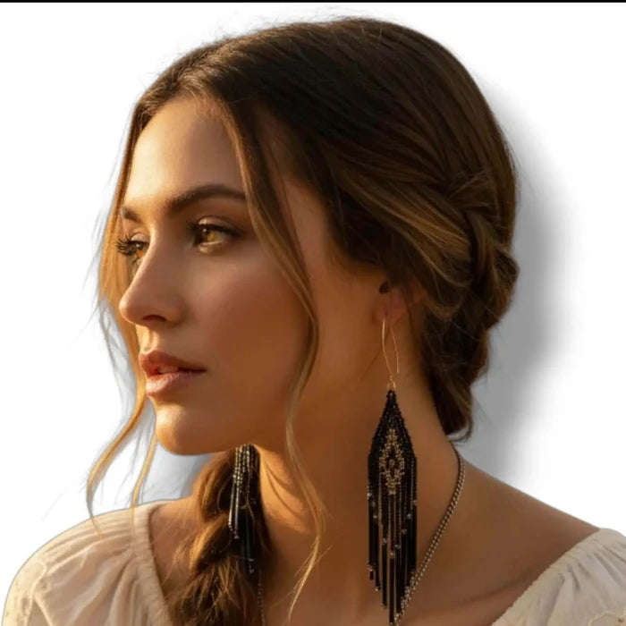 Beaded Black Gold Fringe Earrings stainless steel V marquise wire handmade one size