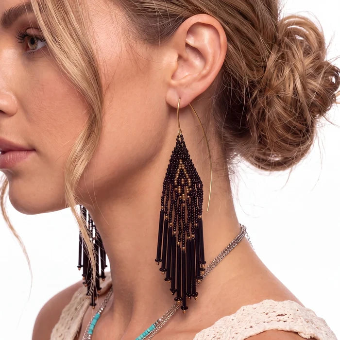 Beaded Black Gold Fringe Earrings stainless steel V marquise wire handmade one size