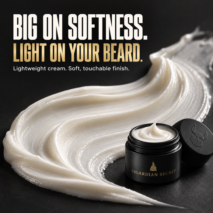 Open jar of Asgardian Secret beard cream next to a smooth swirl of white cream, headline Big on Softness Light on Your Beard