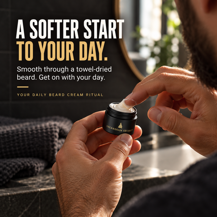 Man scooping beard cream from a small Asgardian Secret sample jar at a bathroom sink, headline A Softer Start to Your Day