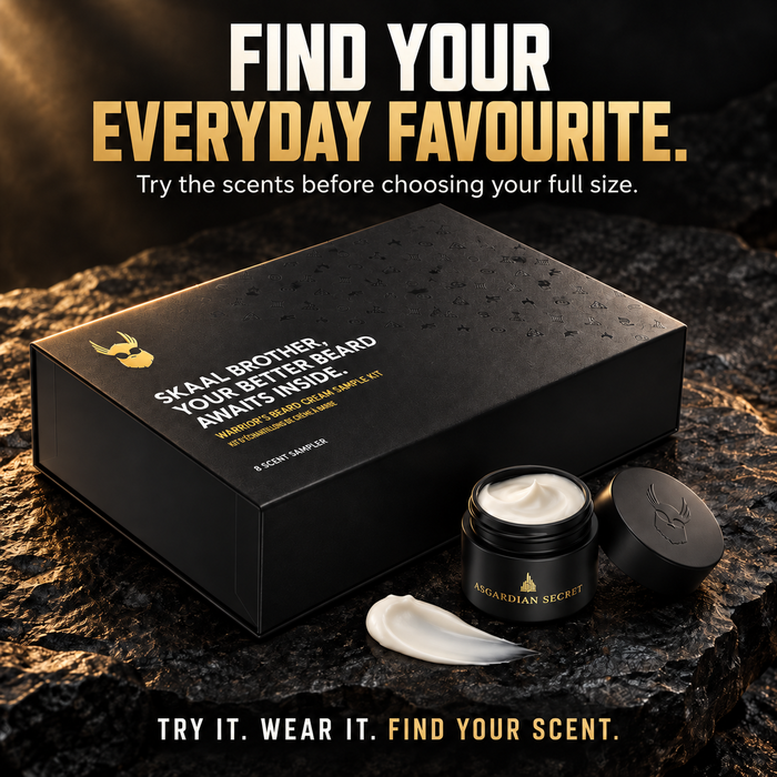 Beard Cream Sampler Kit box, six scent samples, with an open cream jar and a swipe of cream, headline Find Your Everyday Favourite, try the scents before choosing your full size